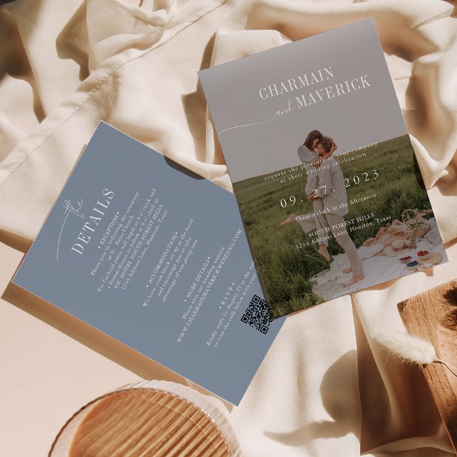 Budget alles in einem + QR-Code Dusty Blue Wedding Einladung (Von Creator hochgeladen)