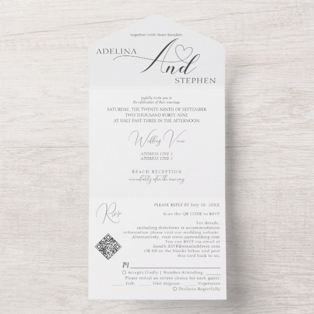 Budget Amperand Elegant Script QR Code Hochzeit All In One Einladung (Innen Boden)
