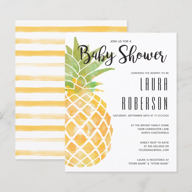 Budget Ananas Watercolor Kinderdusche Einladung (Vorne/Hinten)
