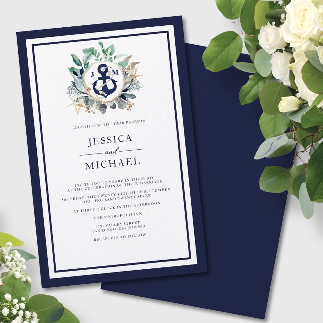Budget Anchor Greenery Navy Einladung zur Hochzeit (Von Creator hochgeladen)