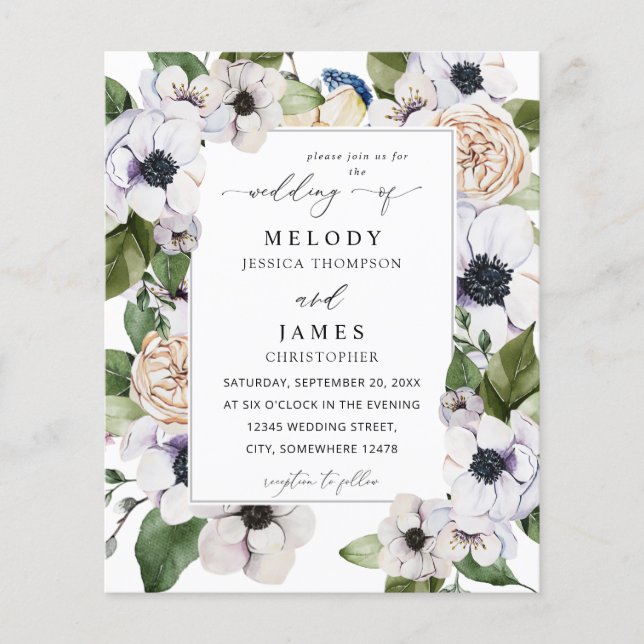 Budget Anemone White Floral Wedding Flyer (Vorne)