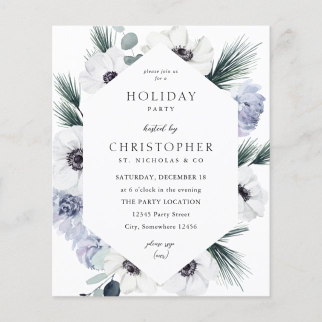 Budget Anemone Winter White Floral Holiday Party Flyer (Vorne)