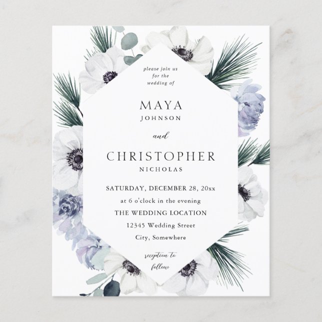 Budget Anemone Winter White Floral Wedding Flyer (Vorne)