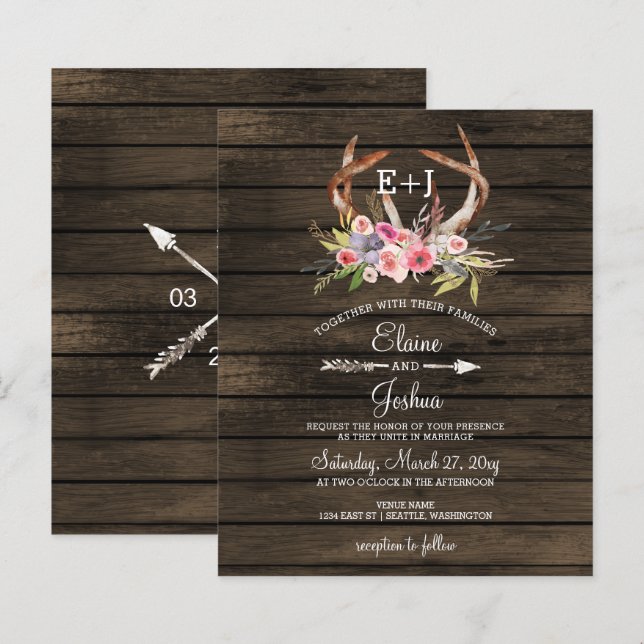 Budget Antlers Country Chic Hochzeitseinladungen (Vorne/Hinten)