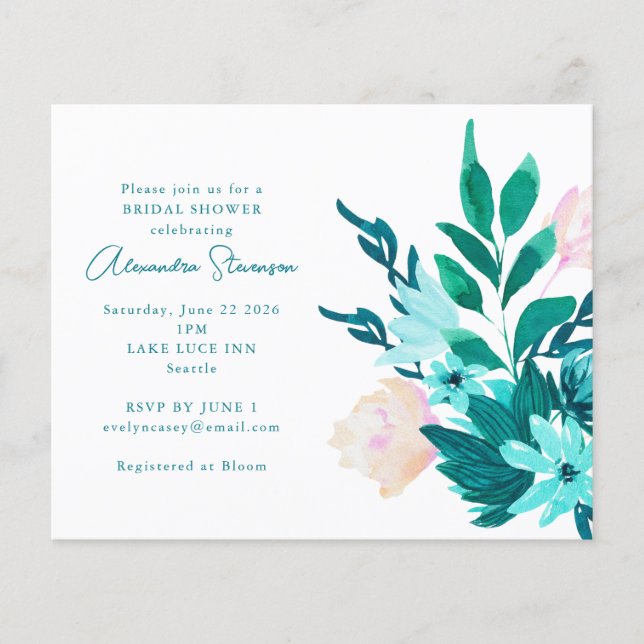 Budget Aqua Blue Floral Bridal Dusche Einladung (Vorderseite)
