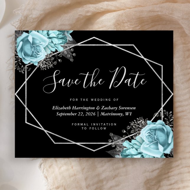 Budget Aqua Floral Black Wedding Save the Date (Von Creator hochgeladen)