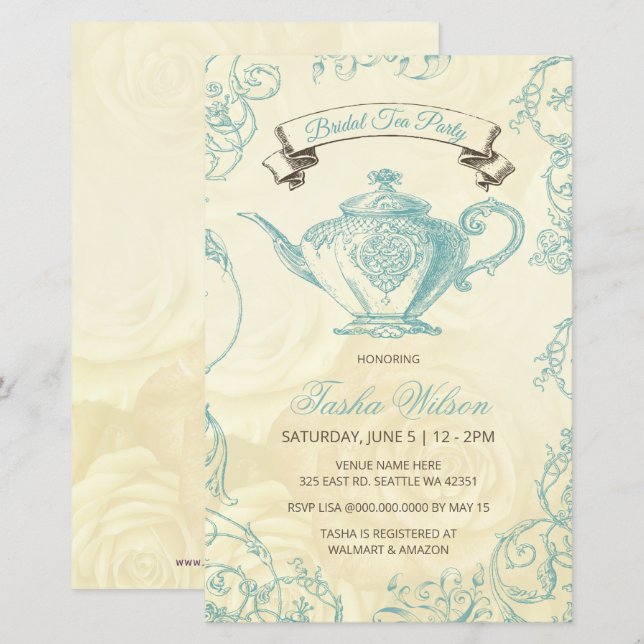 Budget Aqua Ivory Vintag Bridal Tea Einladung (Vorne/Hinten)