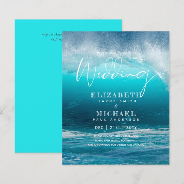 BUDGET Aqua Ocean Wedding Invite Beach Destination (Vorne/Hinten)