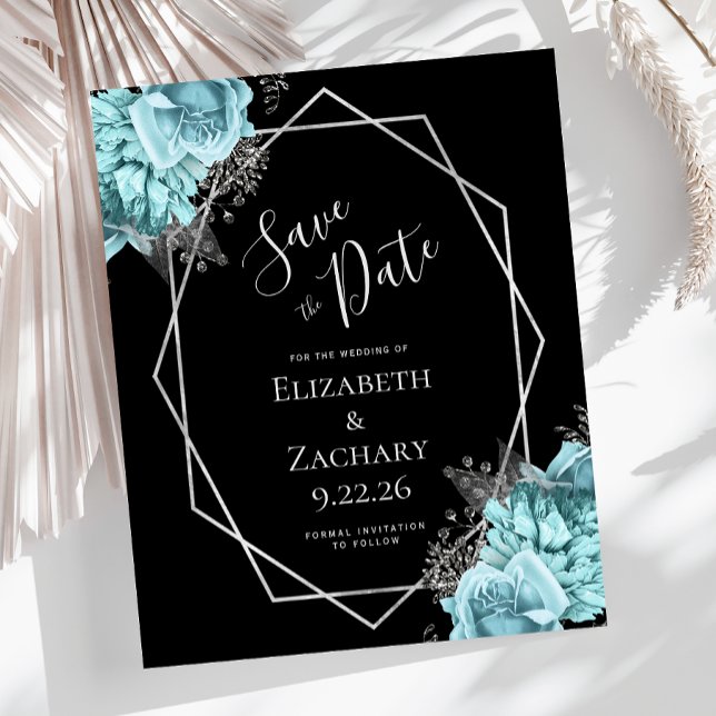 Budget Aqua Silver Floral Black Save the Date (Von Creator hochgeladen)