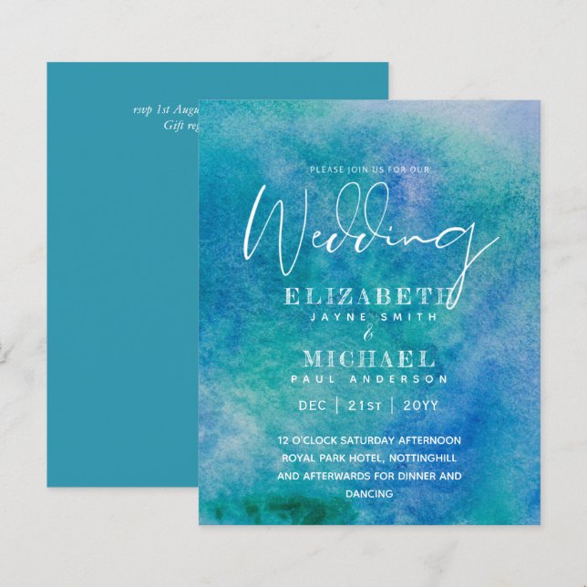 BUDGET Aqua Watercolor Hochzeit einladen Ocean Bea (Vorne/Hinten)
