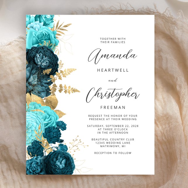 Budget Aquamarin Aqua Floral Gold Script Einladung (Von Creator hochgeladen)