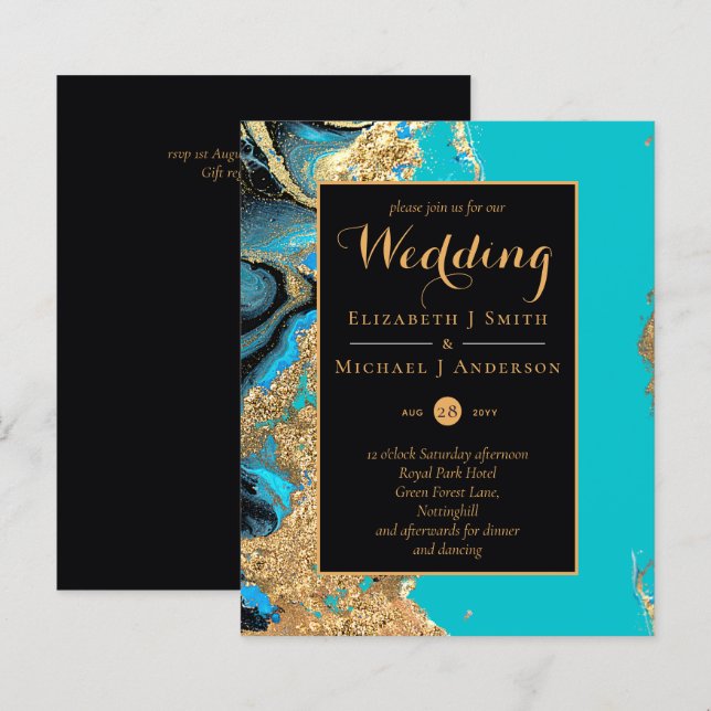 BUDGET Aquamarin Aqua Gold Agate Hochzeit Einladun (Vorne/Hinten)