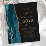 Budget Aquamarin Blue Agate Dark 50. Geburtstag<br><div class="desc">Die links Kulisse dieses eleganten,  modernen 50. Geburtstagsfeiers besticht durch eine aquamarine Aquarellgrenze mit goldenen Imitaten und Glitzer. Der anpassbare Text kombiniert goldfarbene Handschrift,  Copperplate und kursiv Schriftart auf schwarzem Schieferboden. Auf der Rückseite ist ein aquamarines und goldenes Design zu sehen.</div>