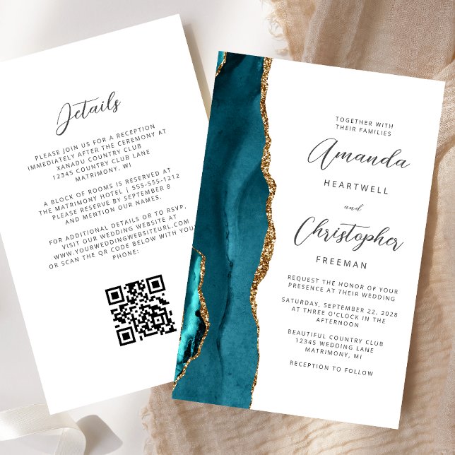 Budget Aquamarin Blue Gold Agate QR Code Hochzeit (Von Creator hochgeladen)