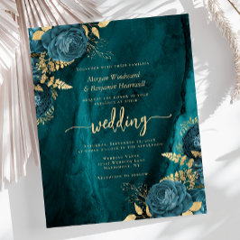 Budget Aquamarin Blue Gold Floral Wedite Einladung