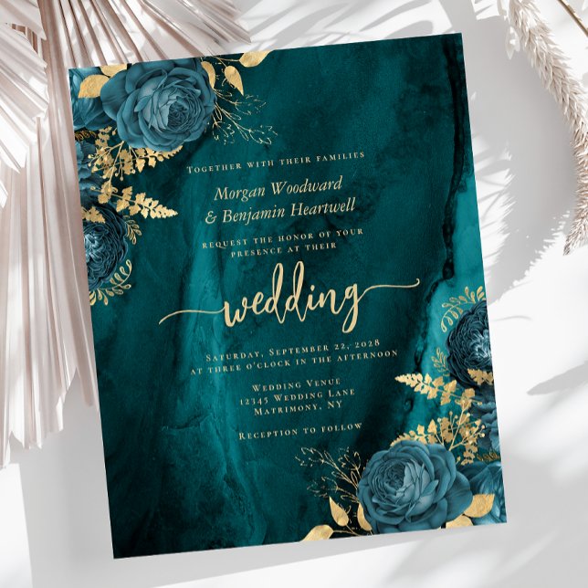 Budget Aquamarin Blue Gold Floral Wedite Einladung (Von Creator hochgeladen)