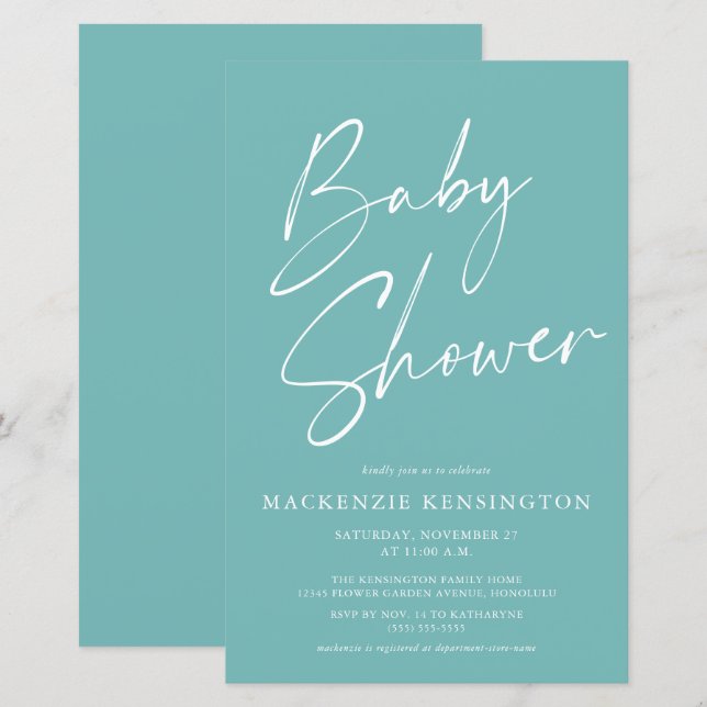 Budget Aquamarin Blue Simple Script Baby Dusche (Vorne/Hinten)