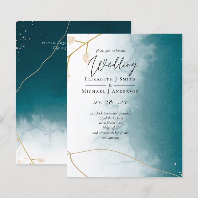 BUDGET Aquamarin Gold Abstrakte Hochzeit Einladung (Vorne/Hinten)