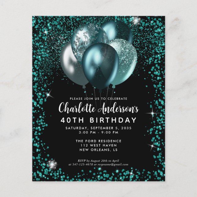 Budget Aquamarin Green Black Glitzer Balloon Gebur (Vorderseite)