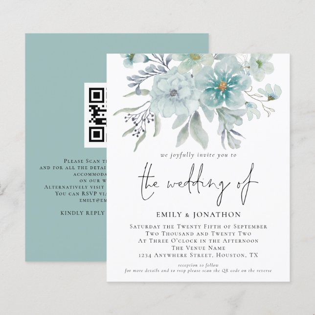 Budget Aquamarin Sea Mist QR Florals Einladung Hoc (Vorne/Hinten)