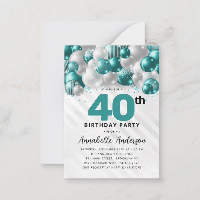 Budget Aquamarin Silver Ballon Glitzer 40. Geburts Mitteilungskarte (Vorderseite)