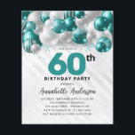 Budget Aquamarin Silver Ballon Glitzer 60. Geburts<br><div class="desc">Moderner Glam Aquamariner grüner Silberballon Glitzer Sparkle jedes Alter Geburtstag Einladung</div>