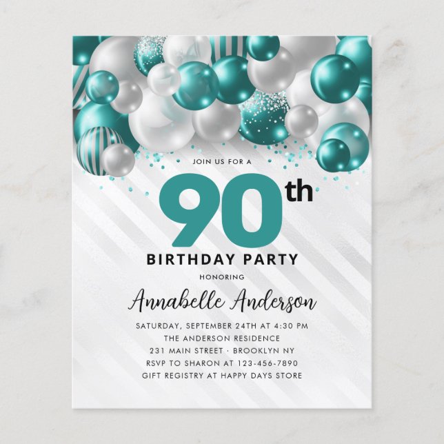 Budget Aquamarin Silver Balloon Glitzer 90. Geburt (Vorderseite)