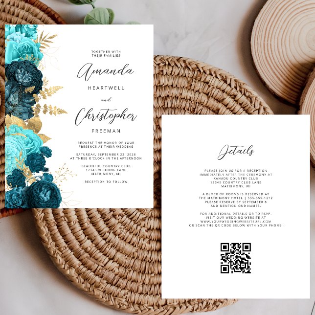 Budget Aquamarine Gold Floral QR Code Hochzeit Ein (Von Creator hochgeladen)