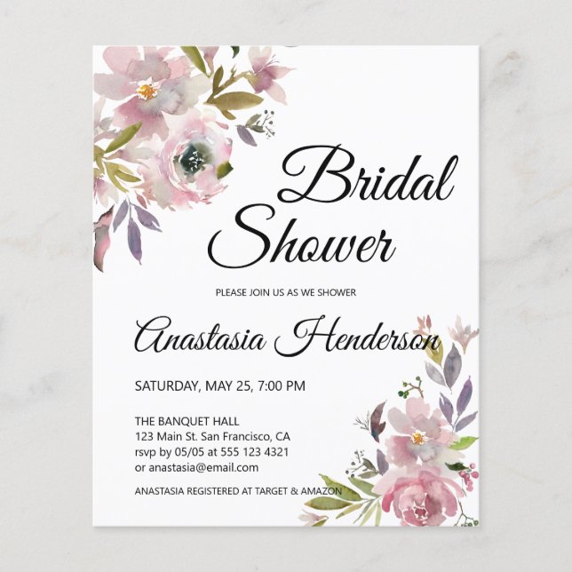 Budget Aquarell Bridal Dusche Einladung (Vorderseite)