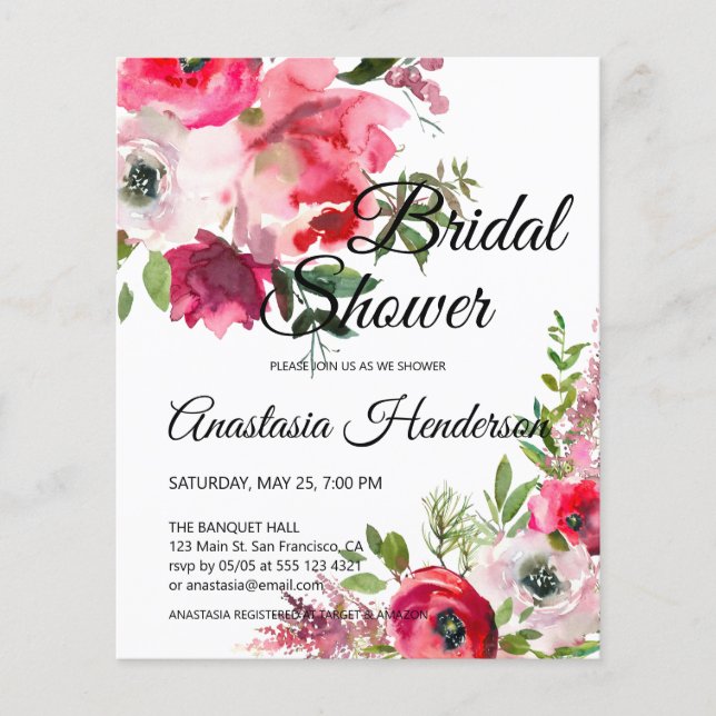 Budget Aquarell Bridal Dusche Einladung (Vorderseite)