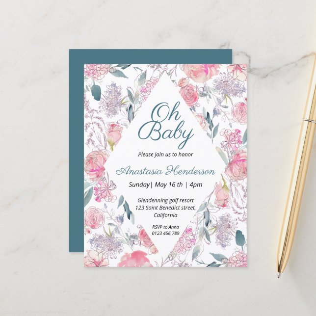 Budget Aquarell Floral Baby Dusche Einladung. (Vorderseite/Rückseite Beispiel)
