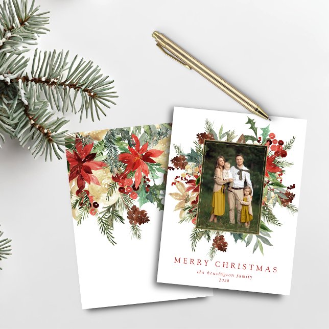 Budget Aquarell Pine Gold Weihnachtsfest Foto (Budget Watercolor Pine Gold Christmas Photo Card)