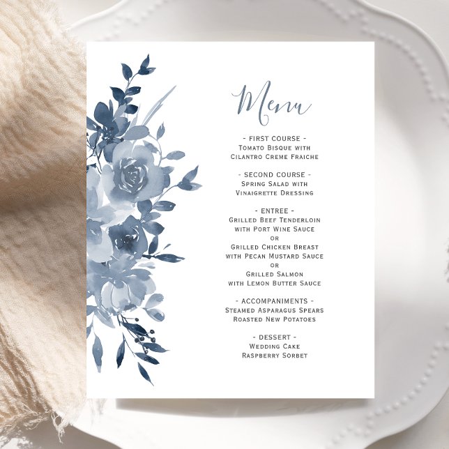 Budget Aquarelle Floral Dusty Blue Mariage Menu (Créateur téléchargé)