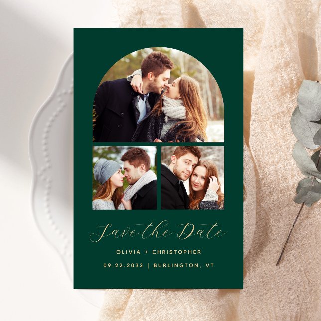 Budget Arch 3-Foto Collage Green Save the Date (Von Creator hochgeladen)