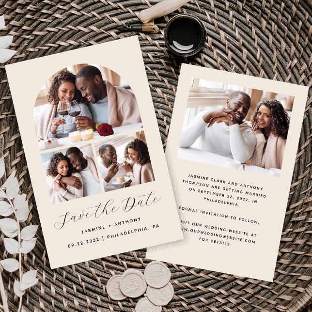 Budget Arch 4-Foto Collage Beige Save the Date (Von Creator hochgeladen)