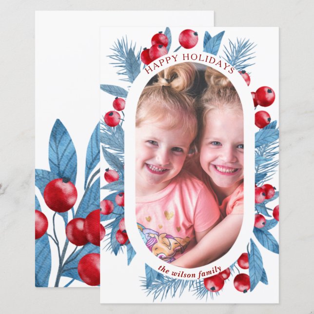 Budget Arch Blue Holly Berries Foto Holiday Card (Vorne/Hinten)