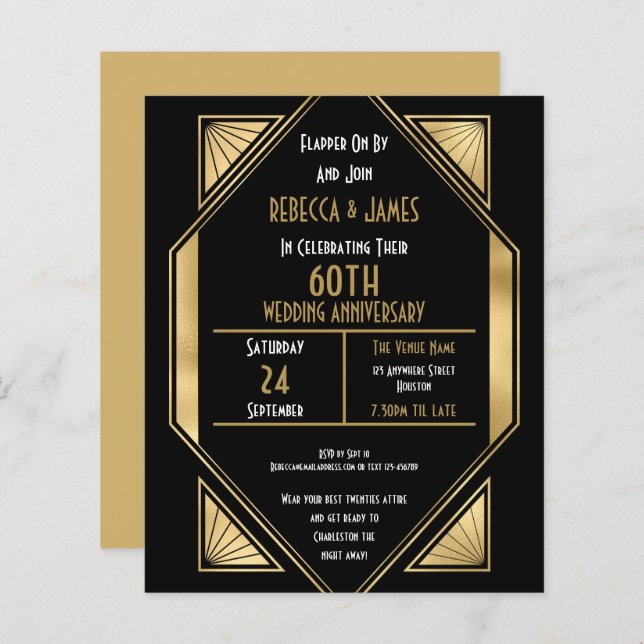 Budget Art Deco 60. Hochzeitstag Einladung (Vorne/Hinten)