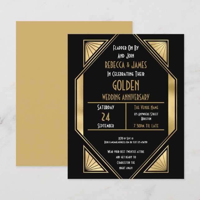 Budget Art Deco Golden Wedding Jubiläum Einladung (Vorne/Hinten)