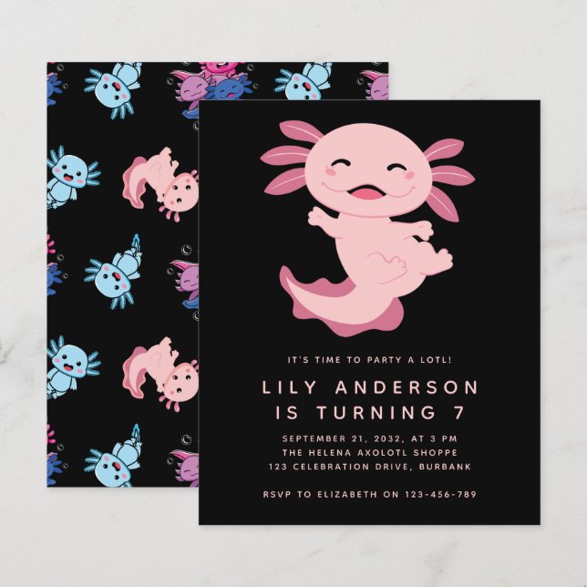 Budget Axolotl Kid's Geburtstagsparty Einladung (Vorne/Hinten)