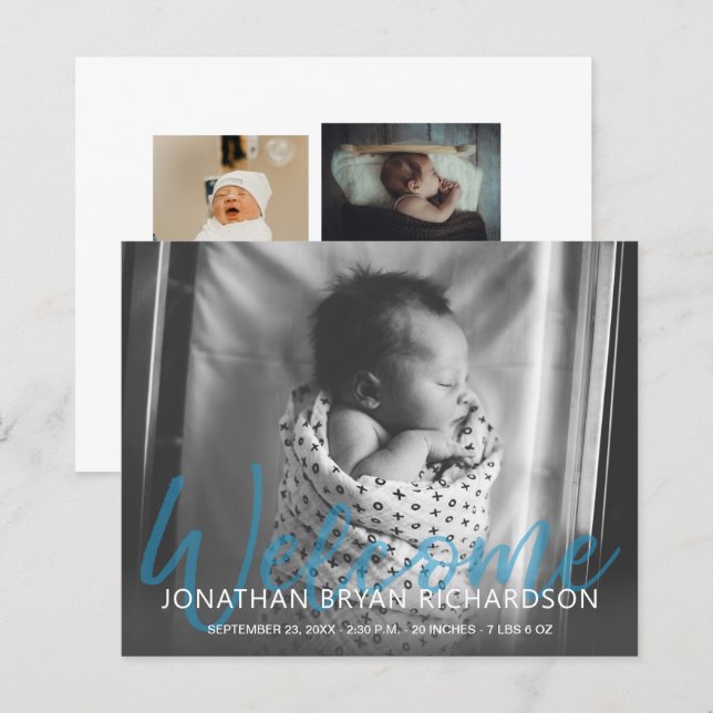 Budget B&W Blue Welcome Foto Baby Ankündigung (Vorne/Hinten)