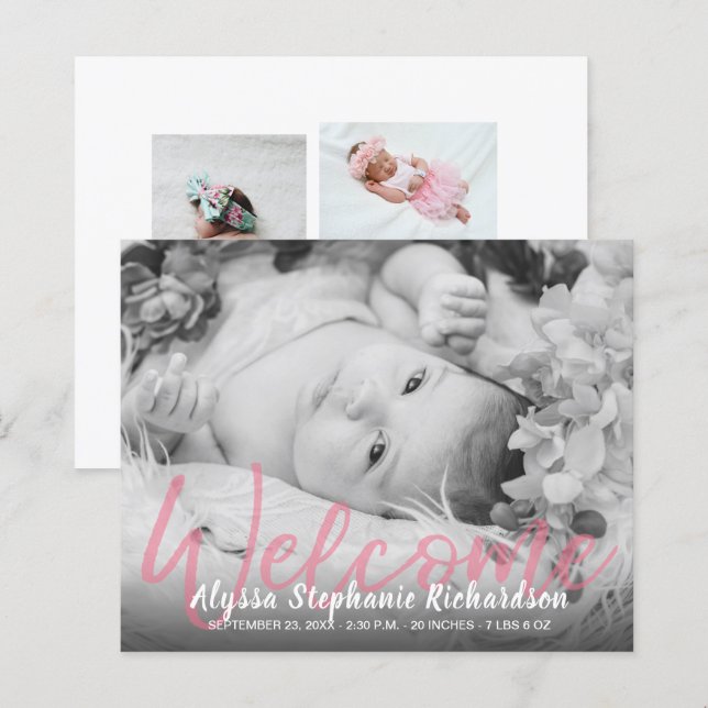 Budget B&W Pink Begrüßung Foto Kinderankündigung (Vorne/Hinten)