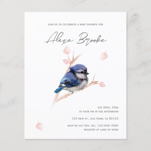 Budget Baby Blue Jay Bird Baby Dusche Einladung (Vorderseite)