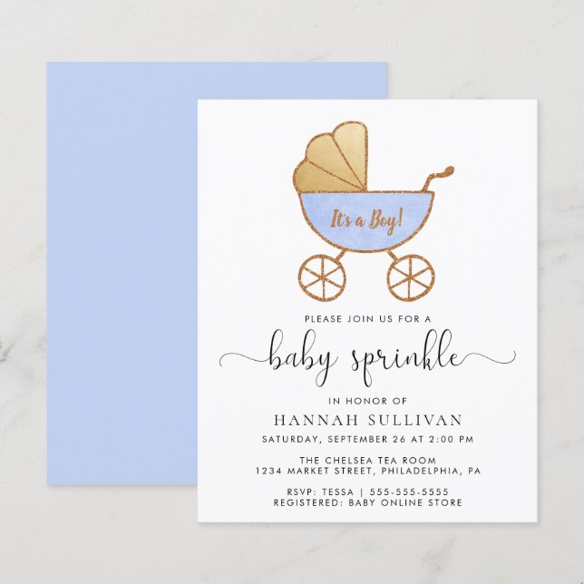 Budget Baby Boy Sprinkle Blue Carriage Einladung (Vorne/Hinten)