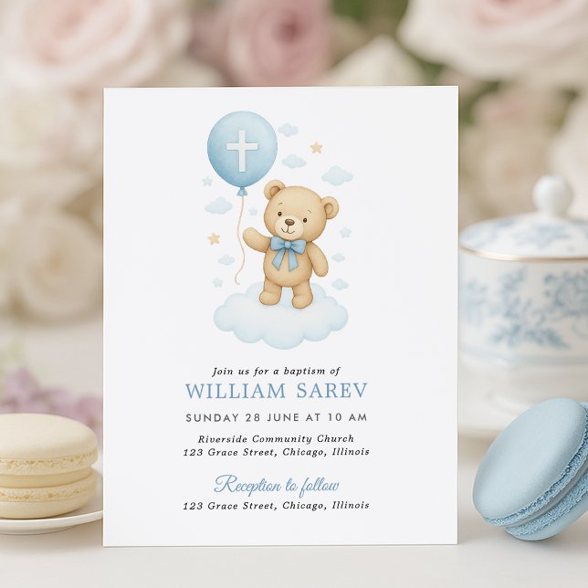Budget Baby Boy Taufe Einladung mit Teddy (Budget-friendly baptism invite with teddy and cross balloon – pastel tea party setup)
