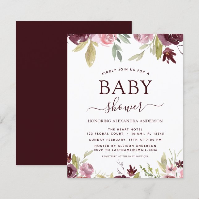 Budget Baby Dusche Burgundy Aquarell Floral (Vorne/Hinten)