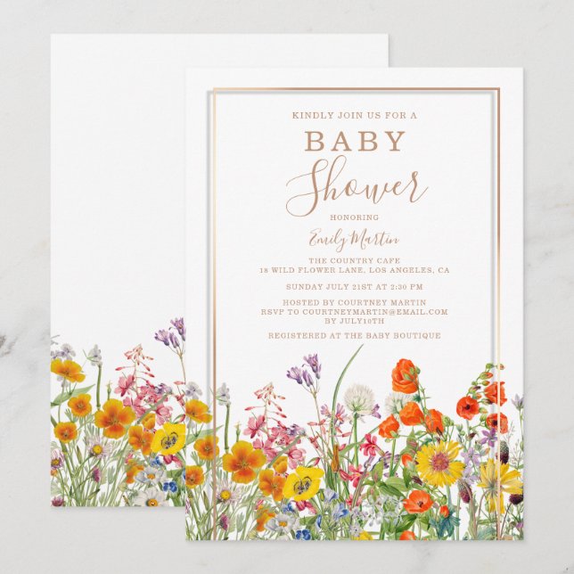 Budget Baby Dusche farbenfrohe Country Wild Blume Einladung (Vorne/Hinten)