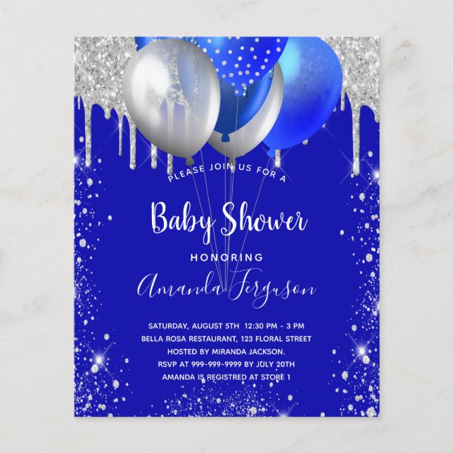 Budget Baby Dusche königsblau Silber Einladung (Vorderseite)