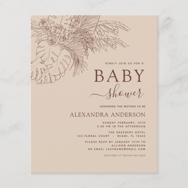 Budget Baby Dusche Minimalistisch Pampas Grass Boh Flyer (Vorne)