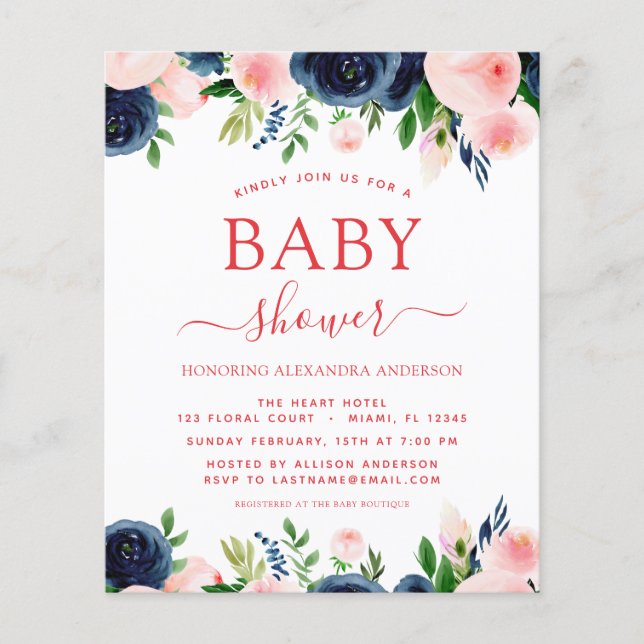 Budget Baby Dusche Navy Blue Blush Pink Blütenblüt Flyer (Vorne)