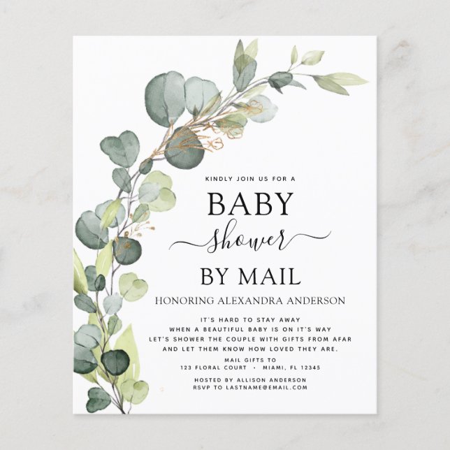 Budget Baby Dusche per Mail Eucalyptus Flyer (Vorne)